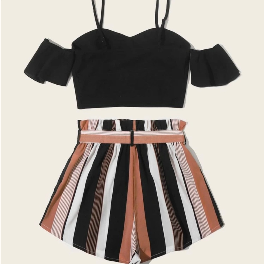 Top and paperbag waist belted shorts